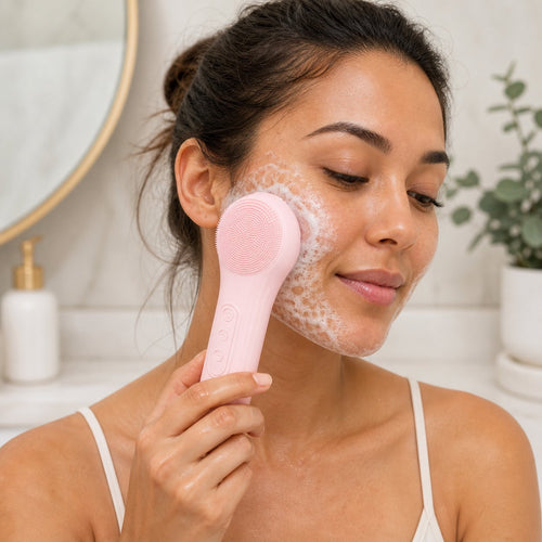 Mujer usando el cepillo limpiador facial