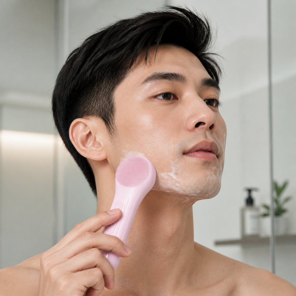 Hombre usando el cepillo limpiador facial