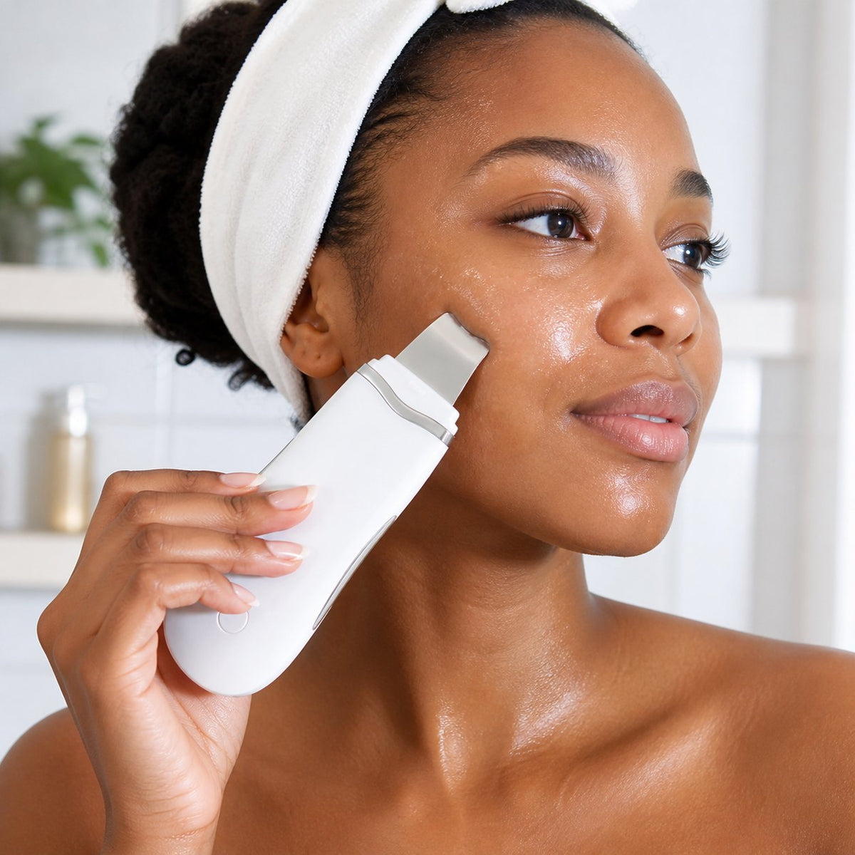 Mujer usando la espátula facial