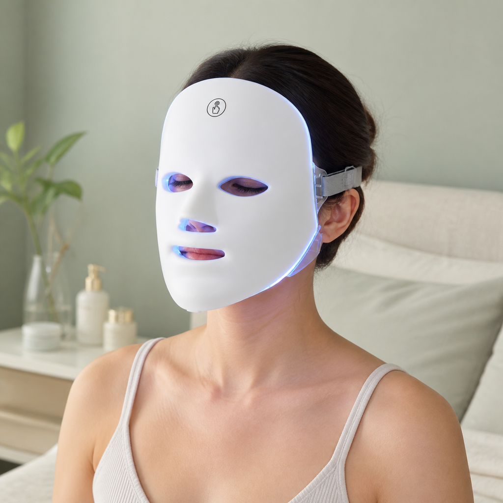 Mujer usando la máscara LED facial con luz azul
