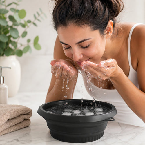 Mujer haciendo el baño de hielo facial