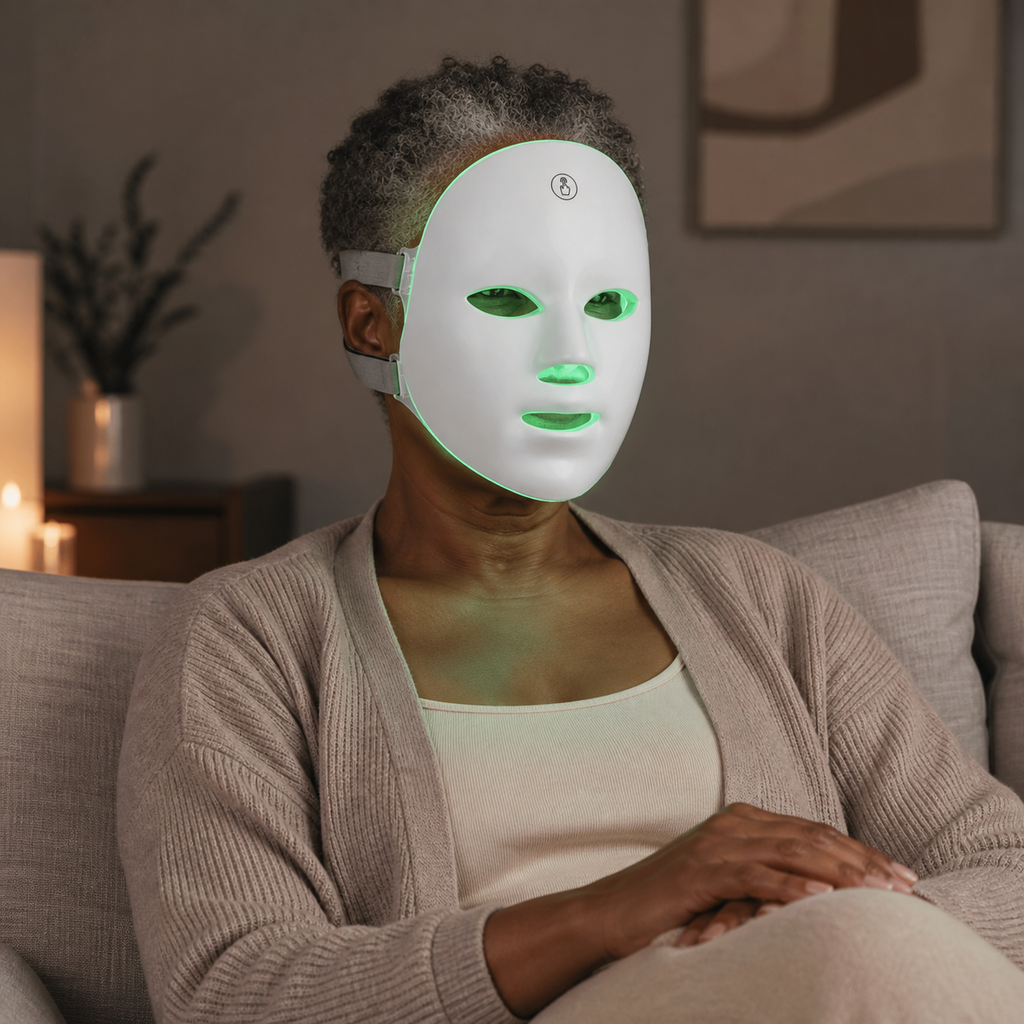 Mujer usando la máscara LED facial con luz verde