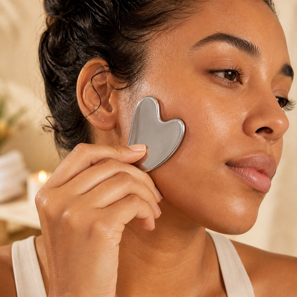 Mujer usando el Gua Sha en el rostro