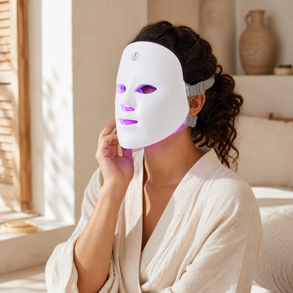 Mujer usando la máscara LED facial con luz morada