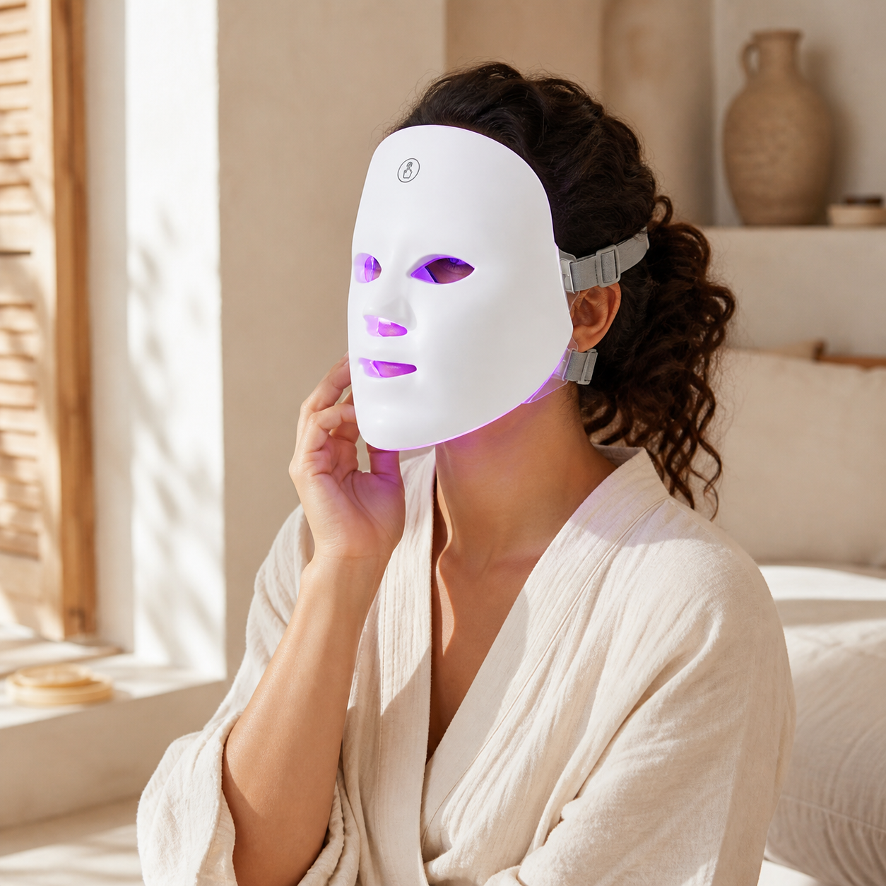Mujer usando la máscara LED facial con luz morada