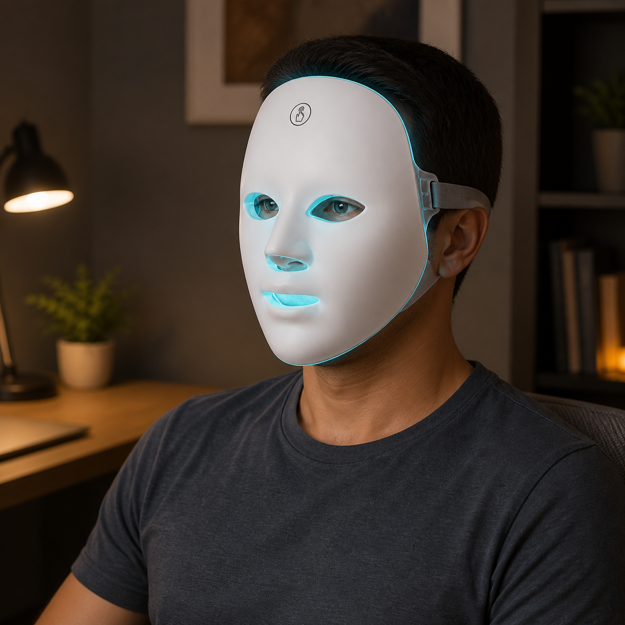 Hombre usando la máscara LED facial con luz cian