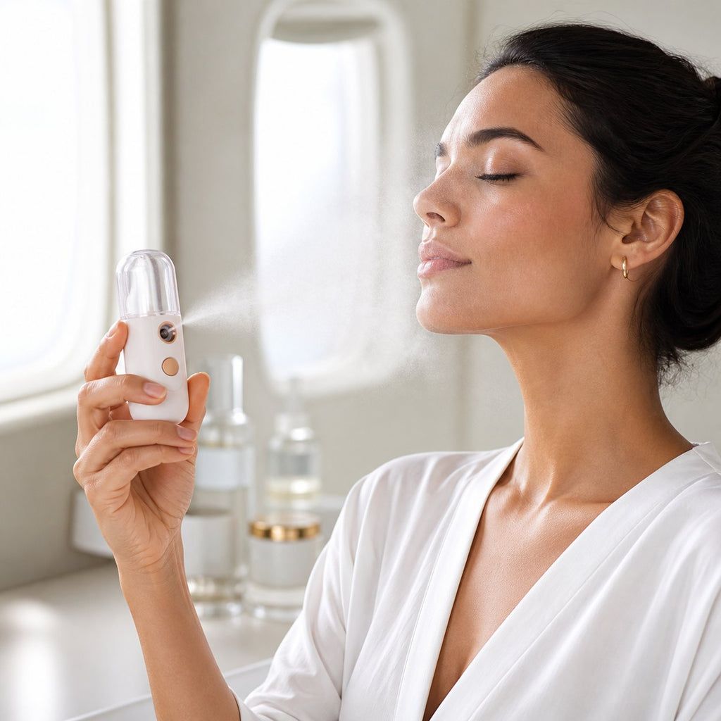 Mujer usando el vaporizador facial